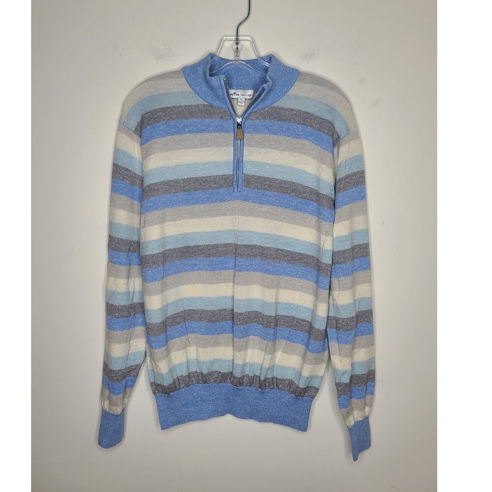 Peter Millar blue cream stripe merino linen blend 1/4 zip pullover sweater - MED